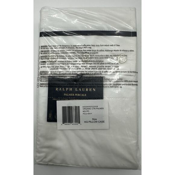 RALPH LAUREN 2 King Pillow Cases Organic Cotton Palmer Percale White Polo Navy - Picture 2 of 4